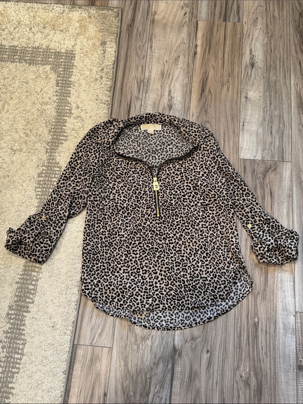 Michael Kors Taupe and Black Leopard Half-Zip Blouse